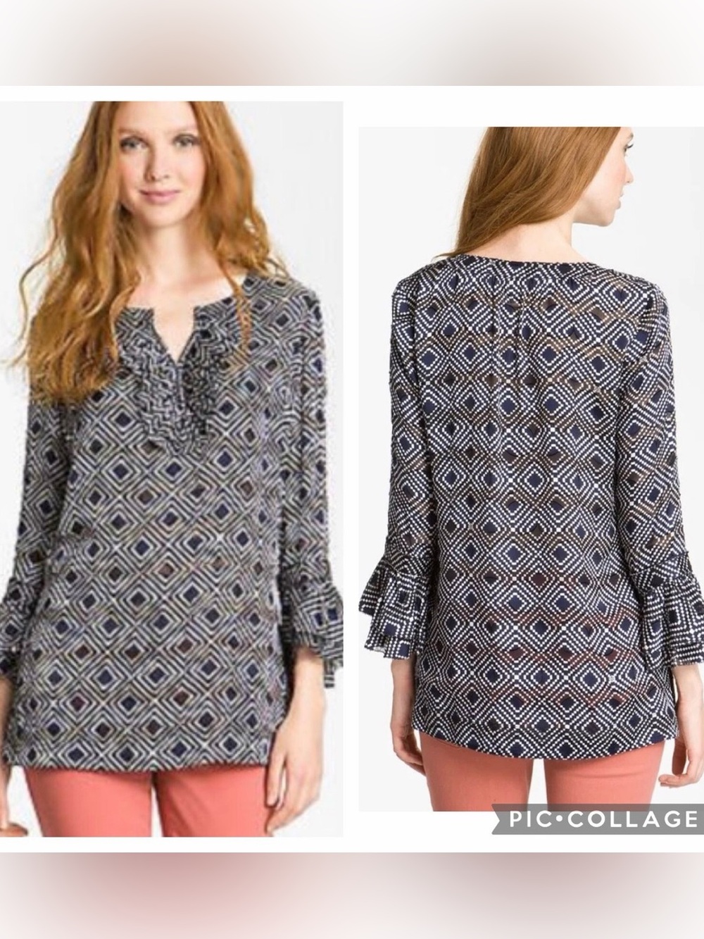 Tory Burch Gwenna Normandy Blue Printed Silk Tunic Blouse $350